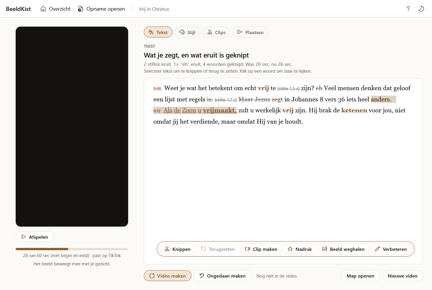 BeeldKist met de video links en de tekst om in te knippen rechts