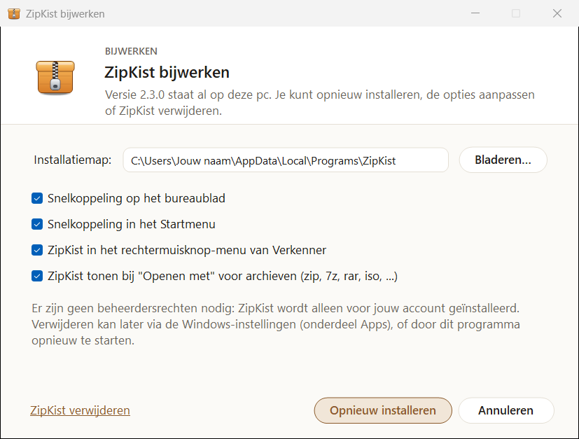 Het installatievenster van ZipKist